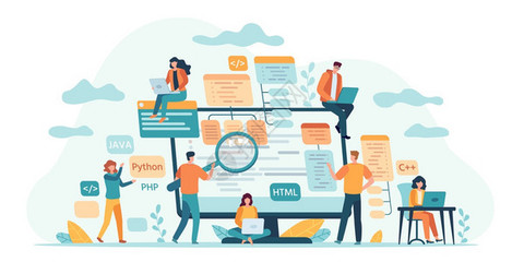 编码语言软件开发工具课程3d概念图解供社交媒体员额使用程序设计员开发者和编码员团队